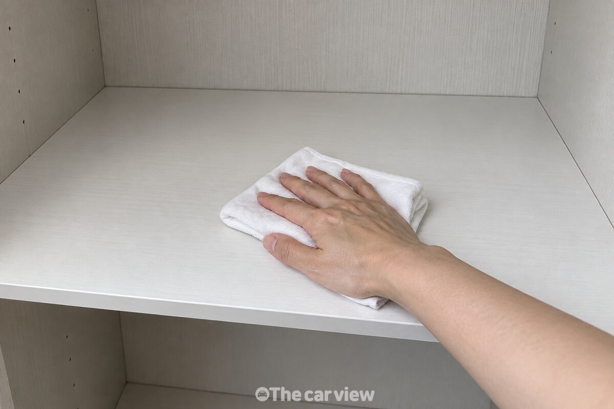옷을 비운 옷장 선반을 마른 면 천으로 닦는 손. / 기사 이해를 돕기 위한 생성형 이미지
