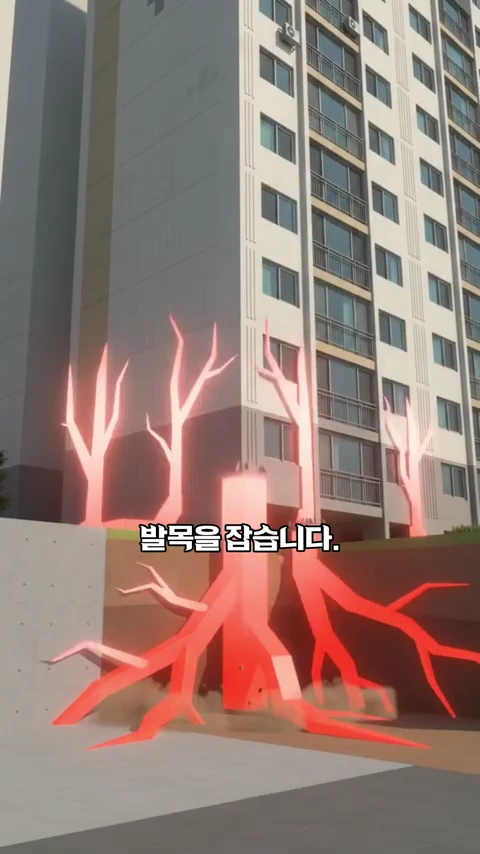아파트 외관과 함께 건물 하단 지반에 붉은색의 나뭇가지 모양 그래픽이 겹쳐진 모습
