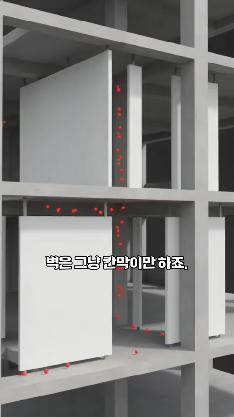 콘크리트 기둥과 보가 뼈대를 이루고 그 사이 벽체들이 배치된 3D 단면도이며, 벽은 단순히 공간을 나누는 칸막이 역할만 하는 기둥식 구조를 보여줍니다.