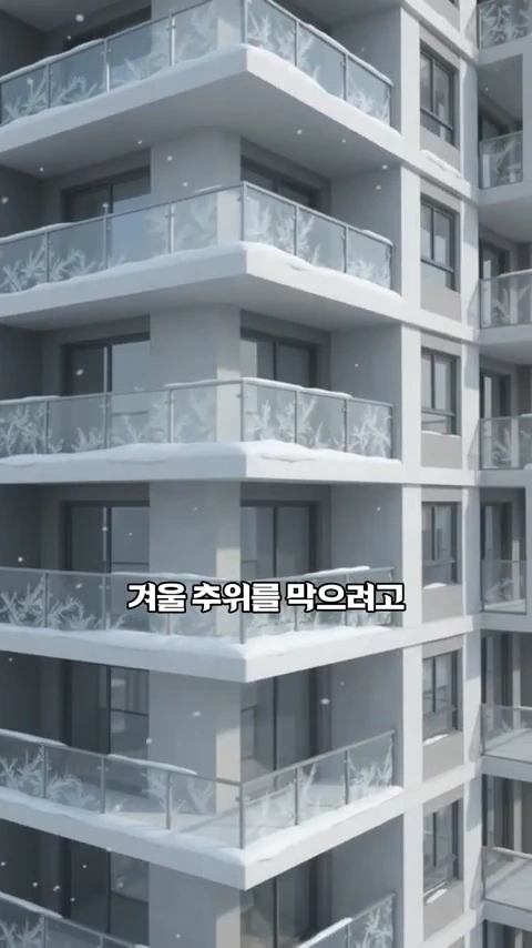 눈이 내리는 겨울날, 외벽이 노출된 고층 아파트의 외관을 아래에서 위로 바라본 모습이다. 각 층의 발코니와 창문 주위에는 하얀 눈이 쌓여 있다.