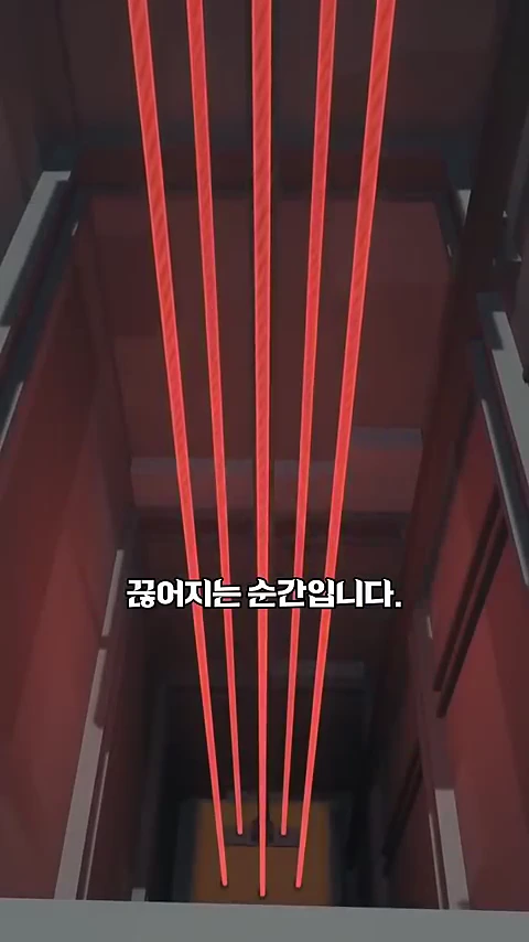 엘리베이터 승강로 위에서 아래로 내려다본 모습으로, 여러 가닥의 붉은색 강철 로프가 연결되어 있고 '끊어지는 순간입니다.'라는 자막이 중앙에 적혀 있다.