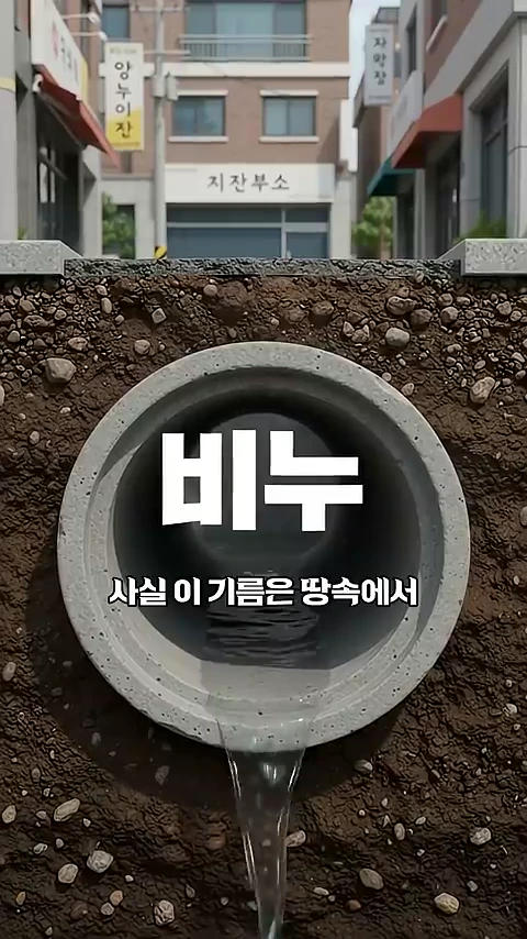 땅속에 묻힌 둥근 콘크리트 하수관의 단면과 그 위로 보이는 도로와 건물을 보여주는 그래픽입니다. 화면 중앙에는 하수관 내부로 물이 흐르고 있고, 그 위에 '비누'와 '사실 이 기름은 땅속에서'라는 문구가 크게 적혀 있습니다.