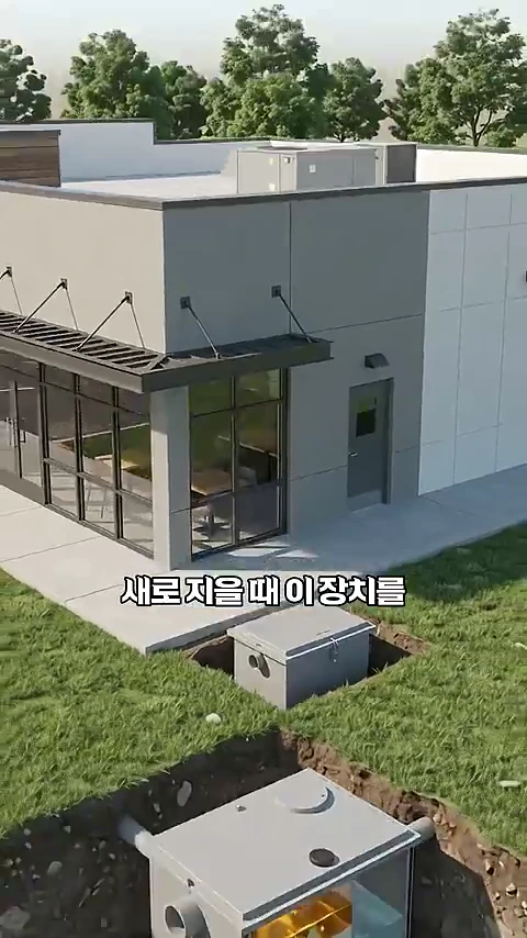 현대적인 상업 건물 외부의 잔디밭 땅속에 설치된 그리스트랩 장치와 그 단면을 보여주는 그래픽 영상