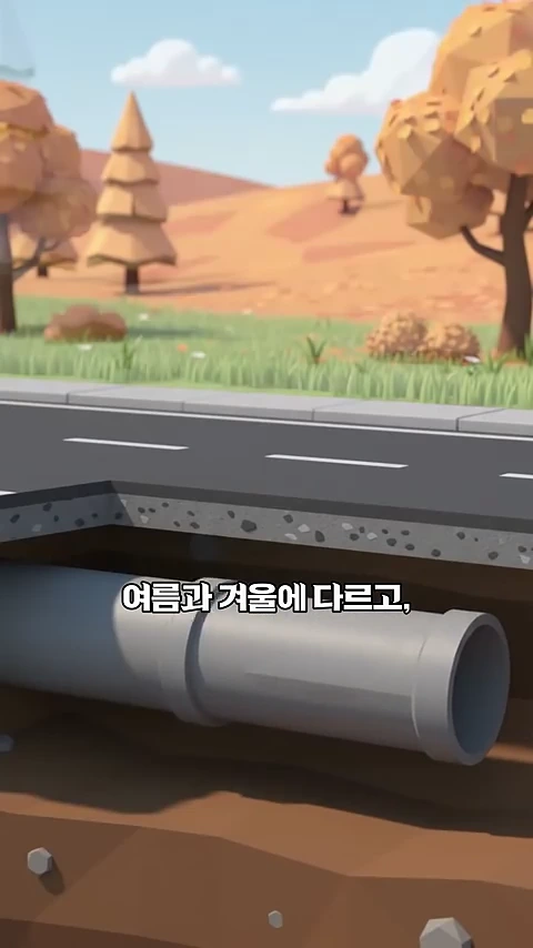 단면이 보이는 도로 아래에 회색 관이 묻혀 있고, 주변은 나무와 풀이 있는 애니메이션 스타일의 일러스트입니다.