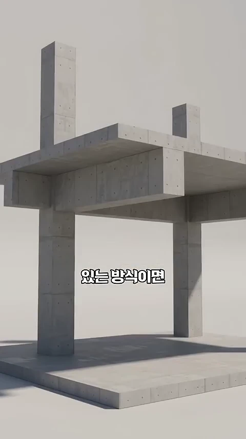 기둥과 보로 이루어진 콘크리트 골조 구조물을 보여주는 3D 그래픽 영상 화면입니다.