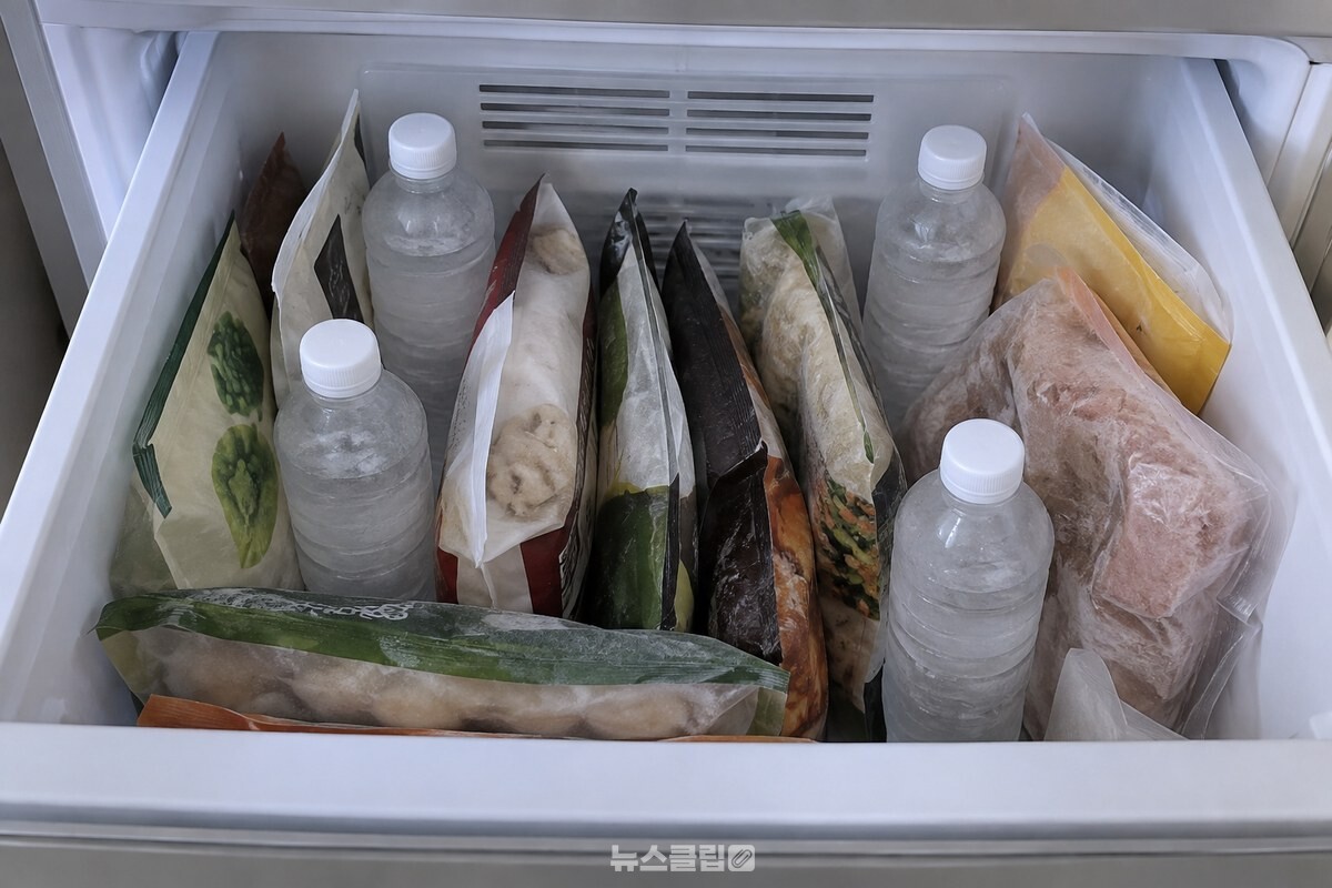 냉동실 서랍의 빈틈에 물을 80%만 채워 얼린 페트병을 세워 둔 모습. / 기사 이해를 돕기 위한 생성형 이미지