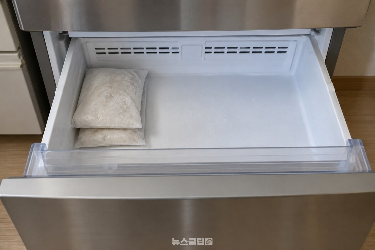 음식이 적어 넓은 빈칸이 보이는 냉동실 서랍 내부. / 기사 이해를 돕기 위한 생성형 이미지