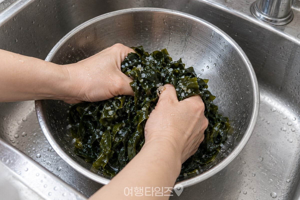 소금을 뿌린 불린 미역을 양손으로 힘주어 주무르는 모습. / 기사 이해를 돕기 위한 생성형 이미지