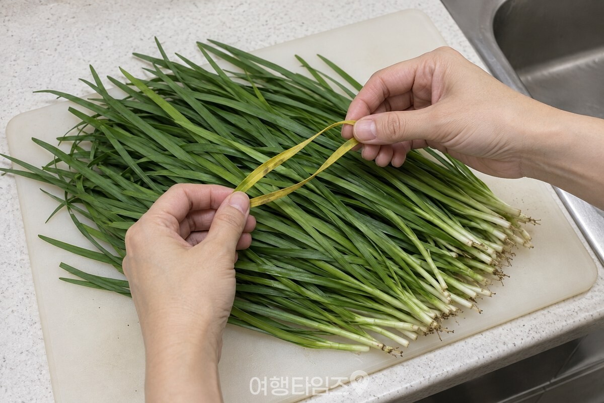 도마 위에 펼친 부추에서 누렇게 뜬 잎과 끝이 마른 잎을 손으로 골라내고 있다. / 기사 이해를 돕기 위한 생성형 이미지