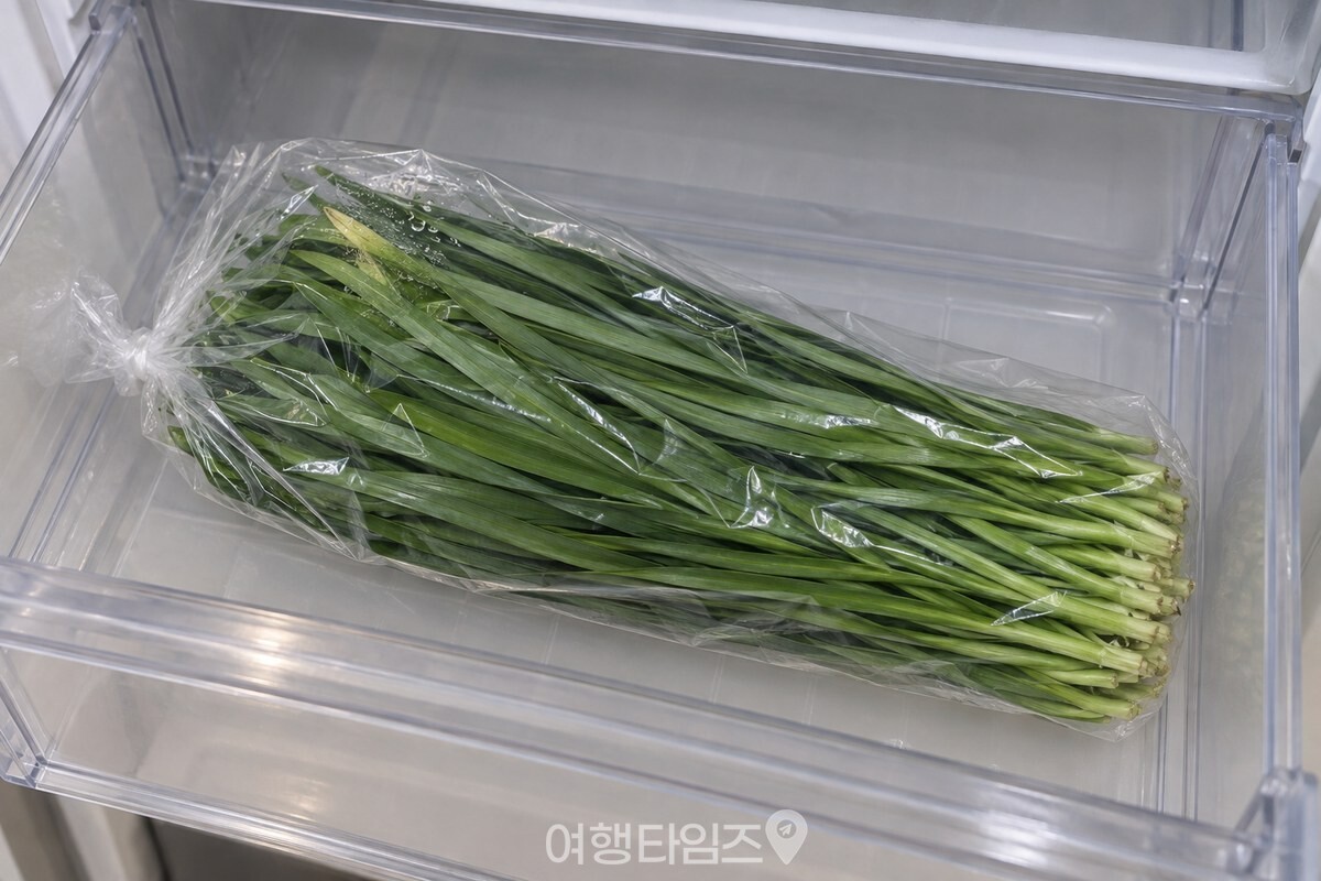 비닐봉지에 눕혀 둔 부추의 잎끝 한쪽이 누렇게 변하고 봉지 안쪽에 물방울이 맺혀 있다. / 기사 이해를 돕기 위한 생성형 이미지