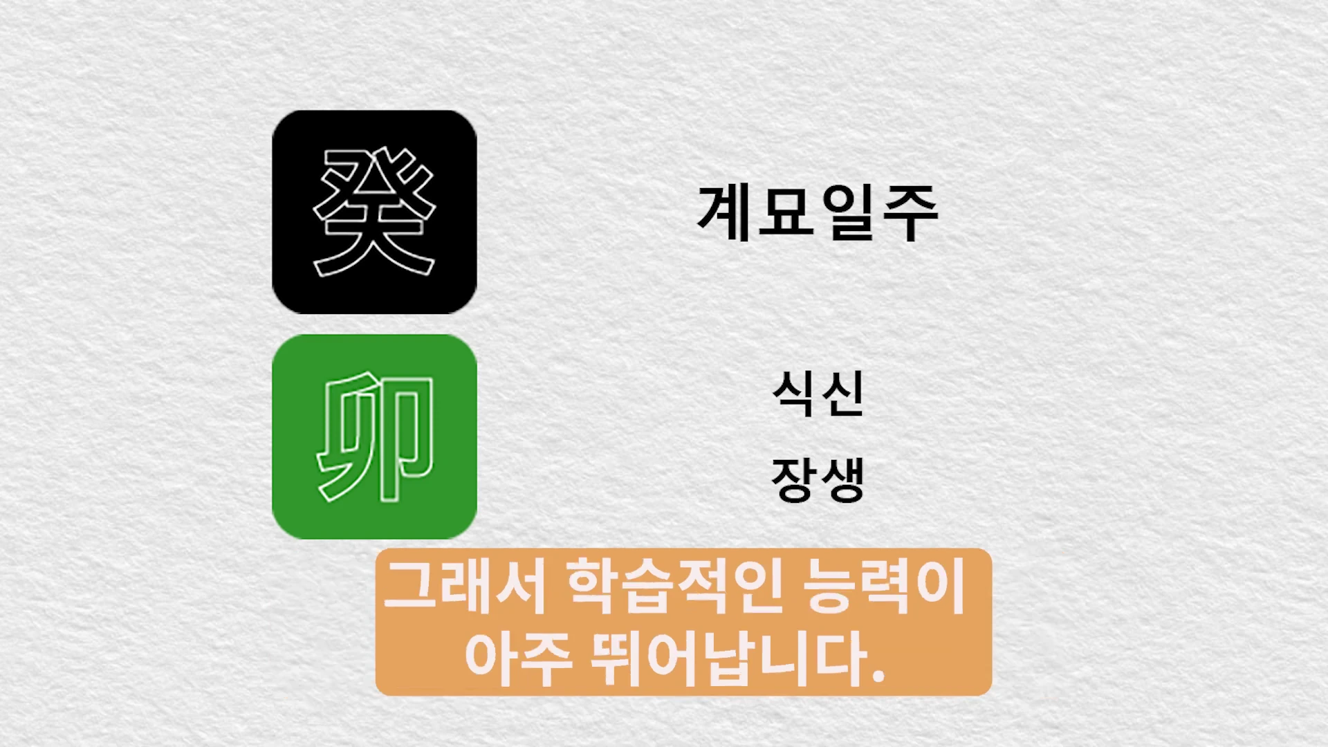흰색 배경 위에 검은색 '계(癸)'자와 녹색 '묘(卯)'자 아이콘이 나란히 있고, 그 옆에 '계묘일주', '식신', '장생'이라는 텍스트와 함께 '그래서 학습적인 능력이 아주 뛰어납니다'라는 문구가 적힌 주황색 상자가 표시된 정보 화면.