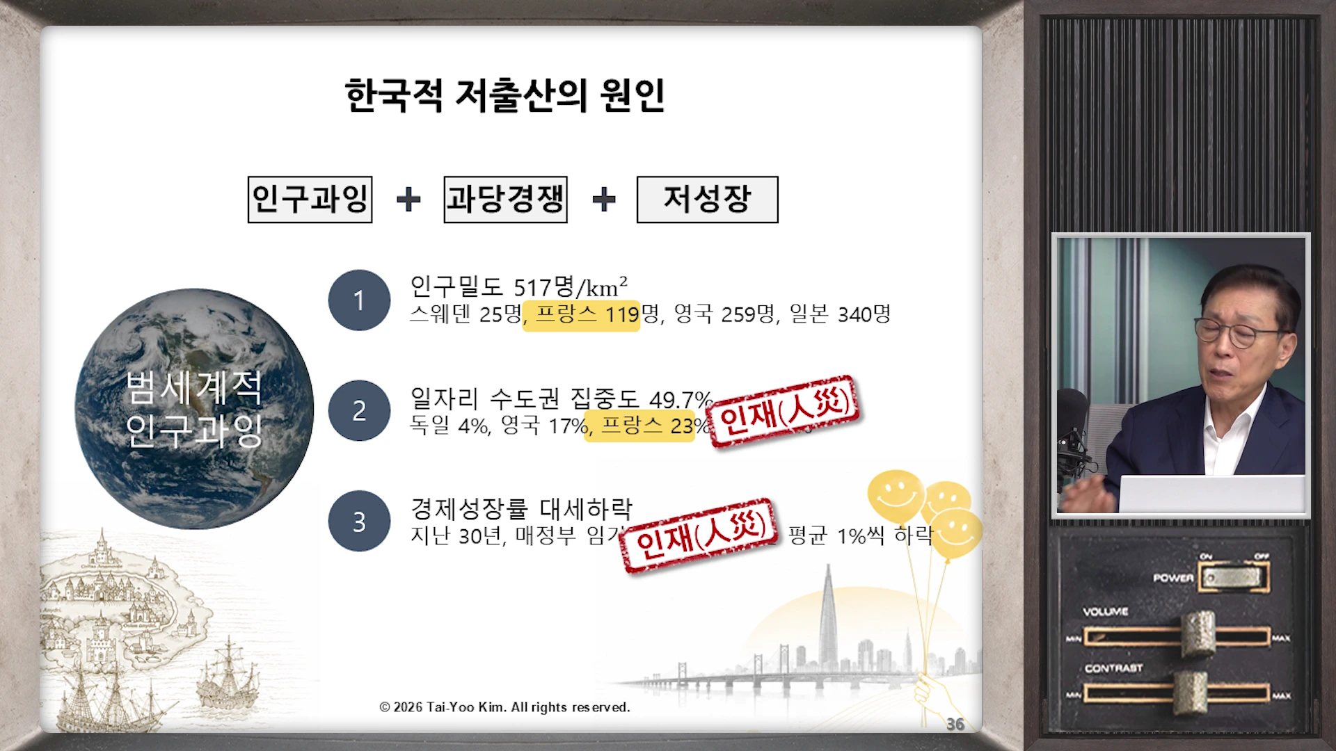 프레젠테이션 화면과 함께 안경을 쓴 남성이 설명하는 모습이 담긴 영상 캡처이며, 화면에는 인구과잉, 과당경쟁, 저성장을 저출산의 원인으로 지목한 도표와 각 항목별 수치가 정리되어 있습니다.