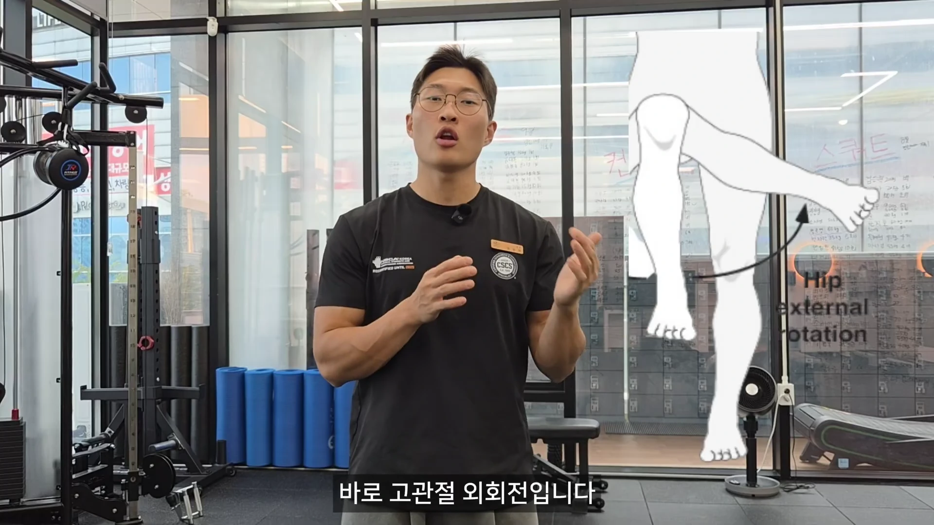 피트니스 센터 내에서 검은색 티셔츠를 입은 남성이 손짓하며 설명하고 있고, 그 옆으로 다리의 움직임을 나타내는 흰색 그래픽과 'Hip external rotation'이라는 영어 문구가 떠 있다.