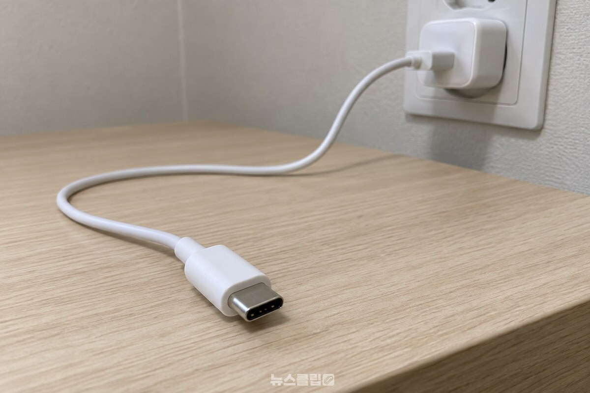 깨끗한 협탁 위에 휴대폰과 연결하지 않은 USB-C 충전 케이블 끝 단자가 놓여 있다. / 기사 이해를 돕기 위한 생성형 이미지