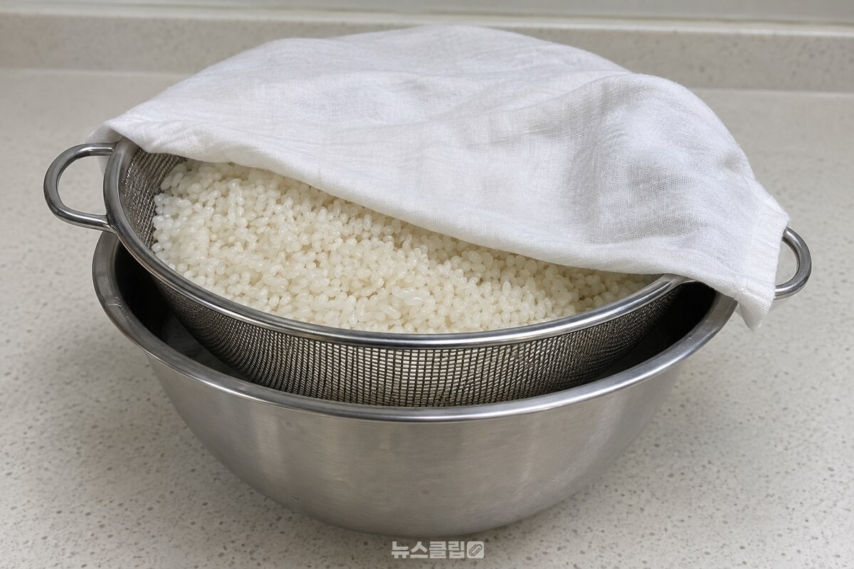빈 그릇 위 채반에 담긴 쌀을 깨끗한 젖은 면포로 가볍게 덮어 둔 모습. / 기사 이해를 돕기 위한 생성형 이미지