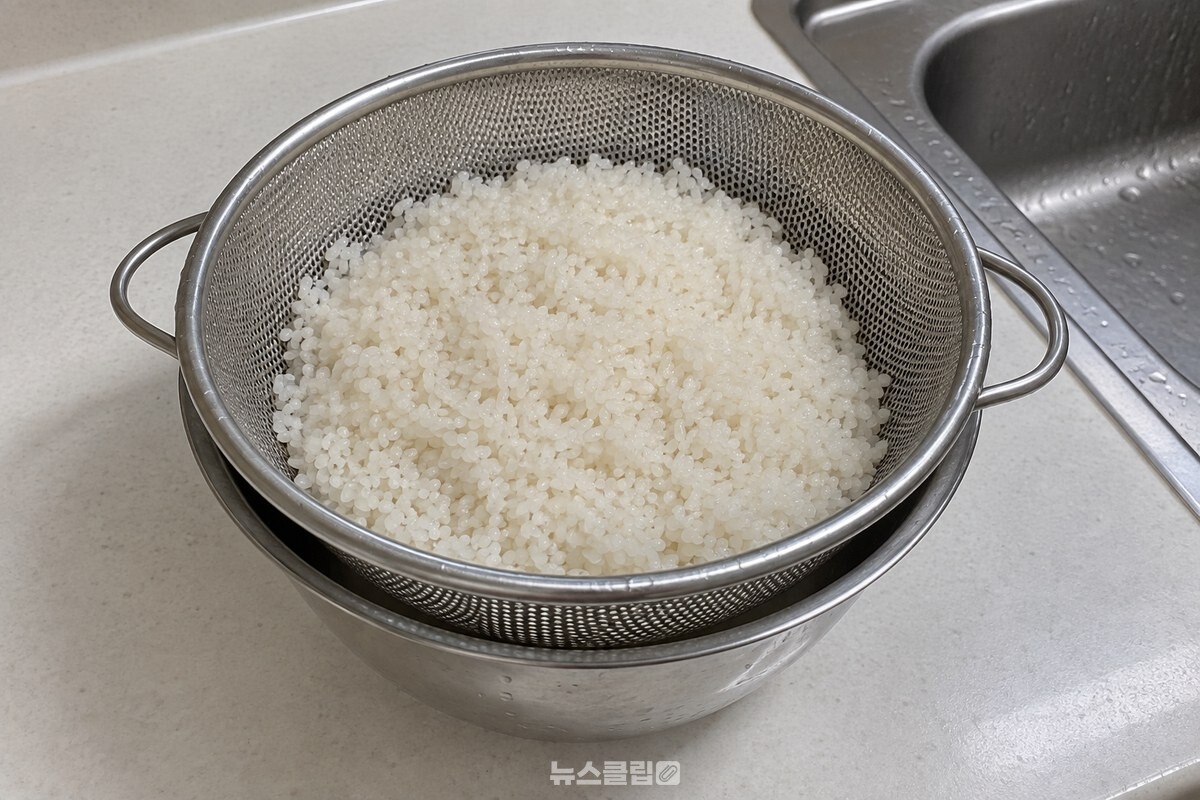 촘촘한 스테인리스 채반에 씻은 쌀을 소복하게 담아 둔 모습. / 기사 이해를 돕기 위한 생성형 이미지