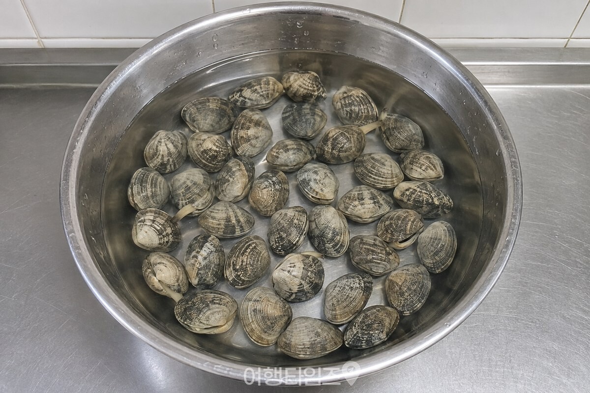 대야 바닥에 한 겹으로 펼쳐 놓은 바지락과 조개 위로 한 마디쯤 올라온 소금물. / 기사 이해를 돕기 위한 생성형 이미지