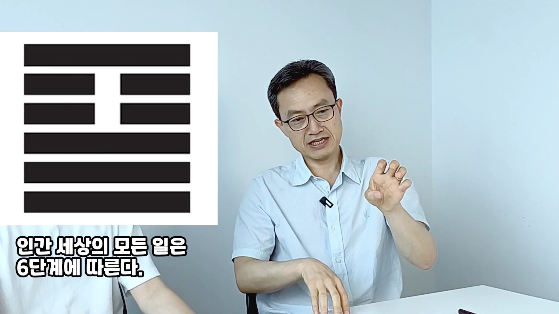 안경을 쓴 남성이 손짓하며 설명하고 있고, 화면 왼쪽에는 6개의 가로선으로 이루어진 괘가 자막과 함께 표시되어 있습니다.