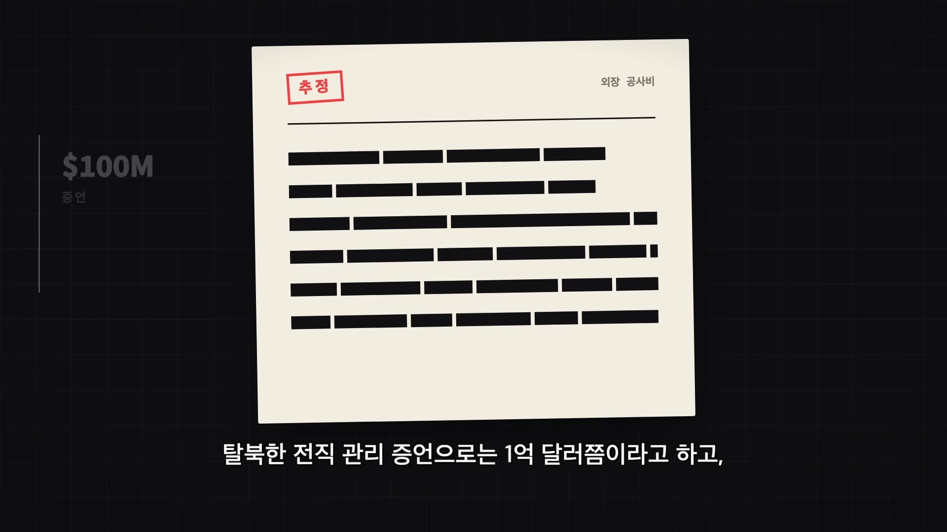 검은 배경 위에 '추정'이라는 빨간 글씨가 적힌 종이 형태의 그래픽과 '$100M 증언'이라는 문구가 놓여 있고, 하단에는 관련 자막이 표시된 화면입니다.