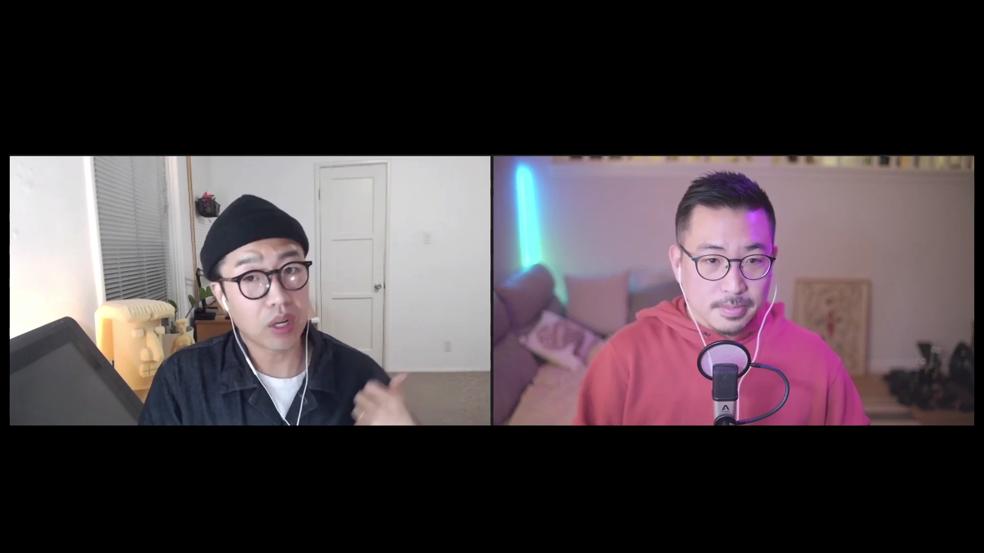 두 명의 남성이 화상 통화로 인터뷰하는 화면이 좌우로 나뉘어 구성된 영상 캡처 화면