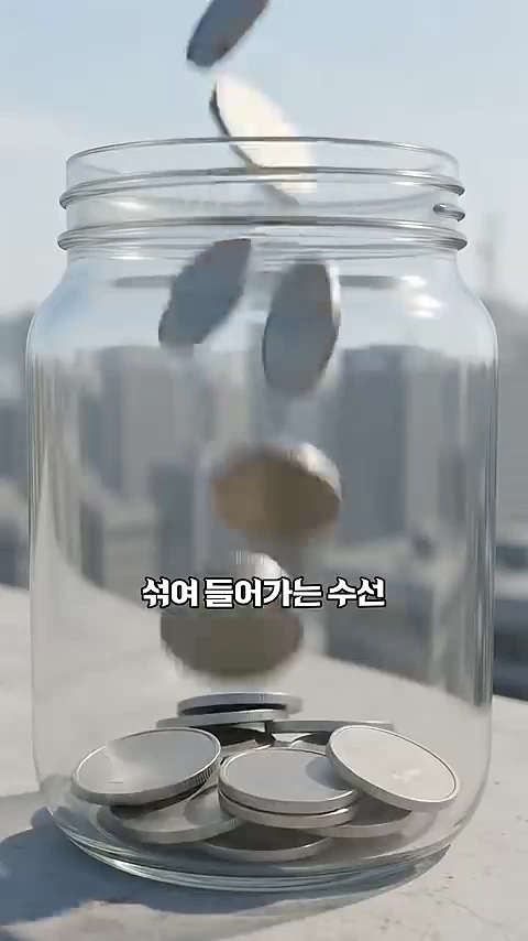 투명한 유리병 속으로 동전들이 떨어지고 있는 모습이며, 화면 중앙에는 '쌓여들어가는 수선'이라는 한글 자막이 배치되어 있습니다.
