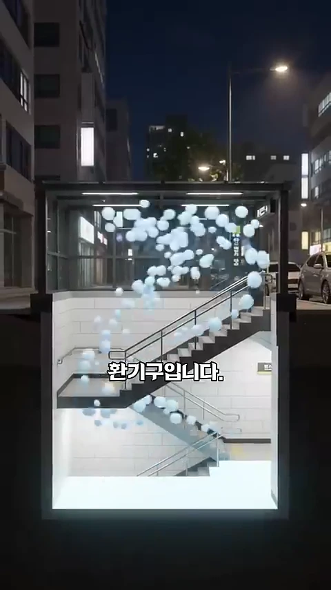 지하철역 출입구 계단 단면을 보여주는 그래픽으로, 위쪽으로 떠오르는 공기 방울과 '환기구입니다'라는 한글 자막이 중앙에 표시되어 있습니다.