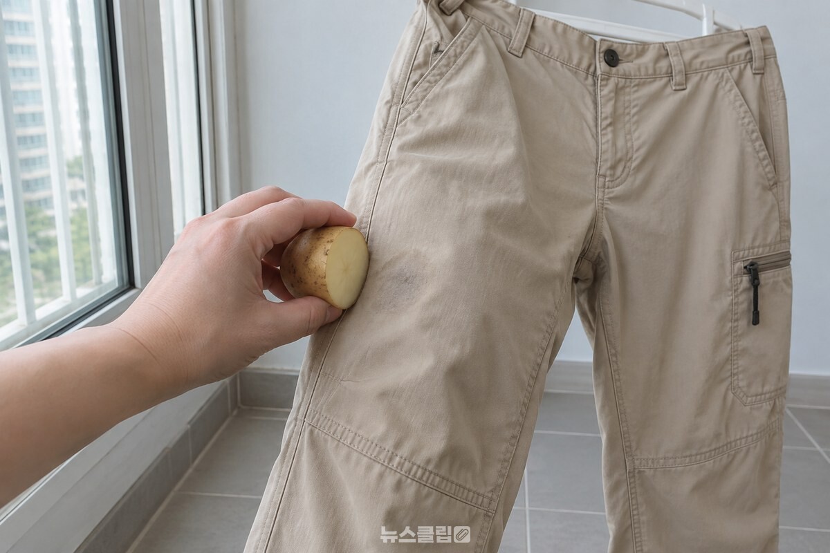 베란다에서 옷걸이에 걸어 말린 베이지색 면 바지의 무릎 부분을 감자 단면으로 두드리는 모습. / 기사 이해를 돕기 위한 생성형 이미지
