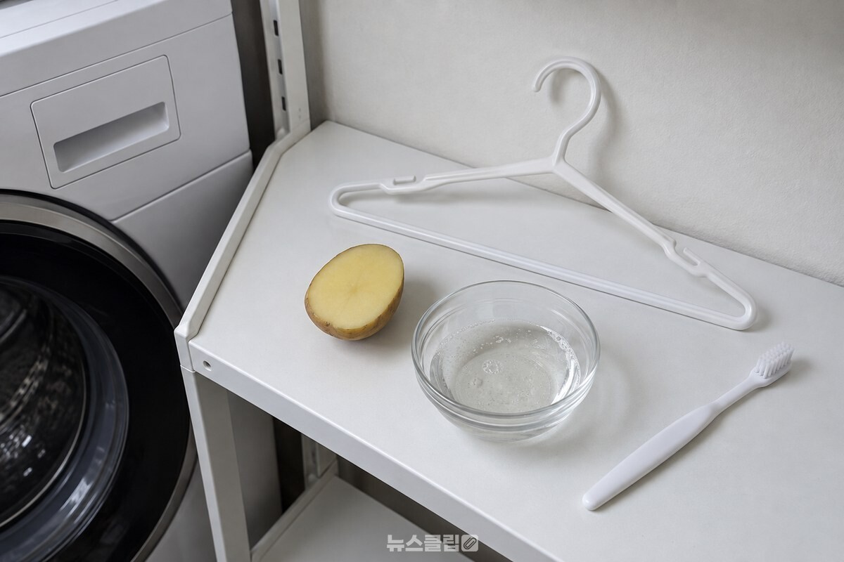 옷걸이와 반으로 자른 생감자, 작은 그릇의 세제·식초 혼합액과 칫솔을 깨끗한 세탁실 선반 위에 놓은 모습. / 기사 이해를 돕기 위한 생성형 이미지