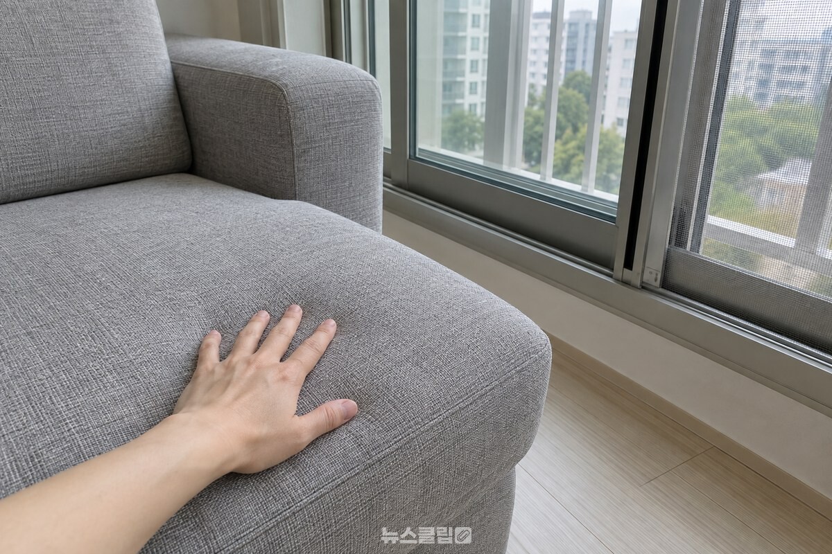 미닫이 창을 연 거실에서 소파 천을 손등으로 눌러 마른 상태를 확인하는 모습 / 기사 이해를 돕기 위한 생성형 이미지
