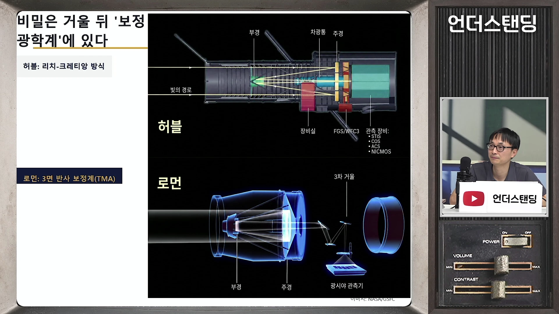 두 개의 우주 망원경 광학 구조를 비교한 그래픽과 안경을 쓴 남성이 마이크 앞에서 대화하는 모습이 담긴 영상 캡처 화면입니다.