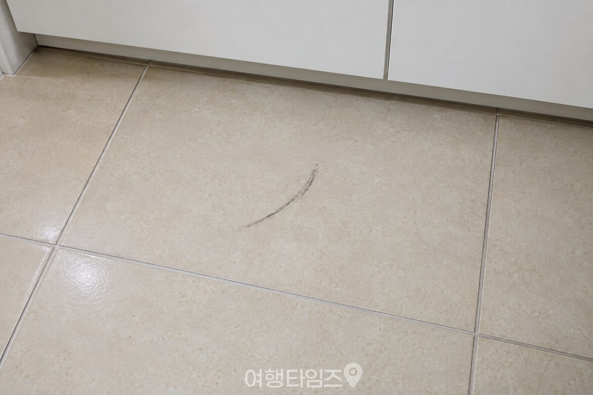 밝은 현관 타일 한 장에 얇은 호 모양으로 남은 신발 밑창 자국. / 기사 이해를 돕기 위한 생성형 이미지