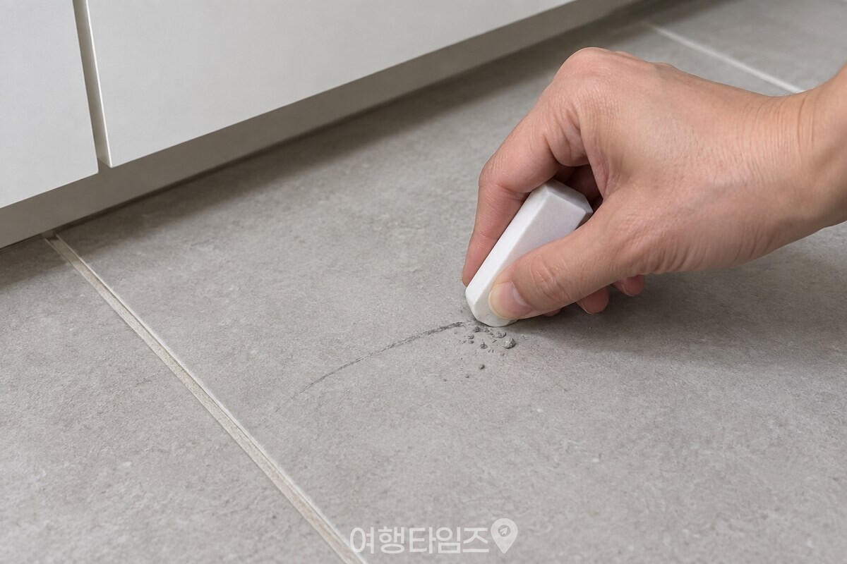 지우개 모서리로 타일의 짧은 검은 선을 따라 문지르며 옆에 모인 소량의 회색 가루. / 기사 이해를 돕기 위한 생성형 이미지