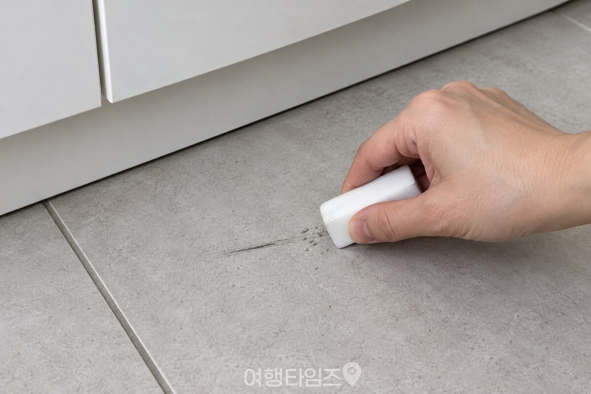 마른 현관 타일의 검은 줄을 흰색 사무용 지우개로 한 방향으로 문지르는 손. / 기사 이해를 돕기 위한 생성형 이미지