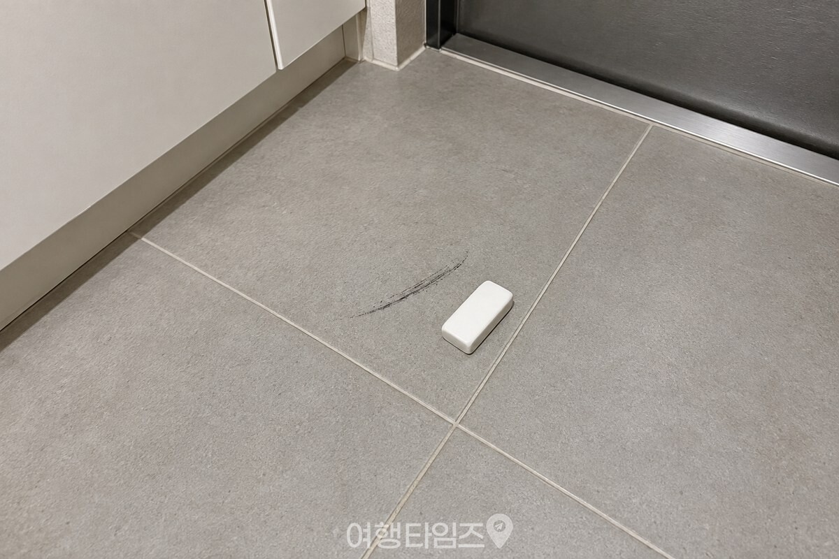 현관 타일 위의 짧은 검은 신발 밑창 자국과 그 옆에 놓인 흰색 사무용 지우개. / 기사 이해를 돕기 위한 생성형 이미지