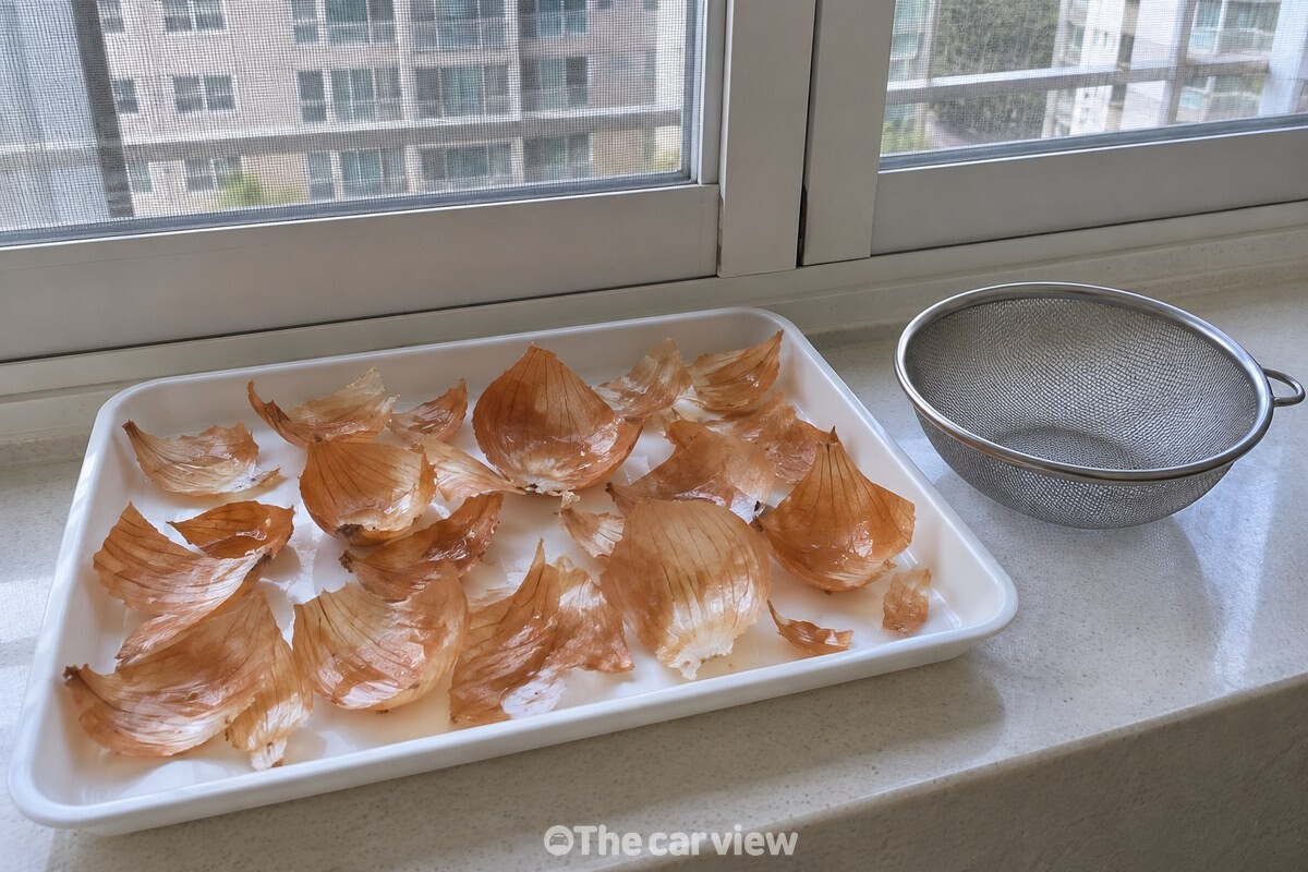 체에 밭친 양파 겉껍질을 쟁반에 겹치지 않게 펼쳐 둔 모습. / 기사 이해를 돕기 위한 생성형 이미지