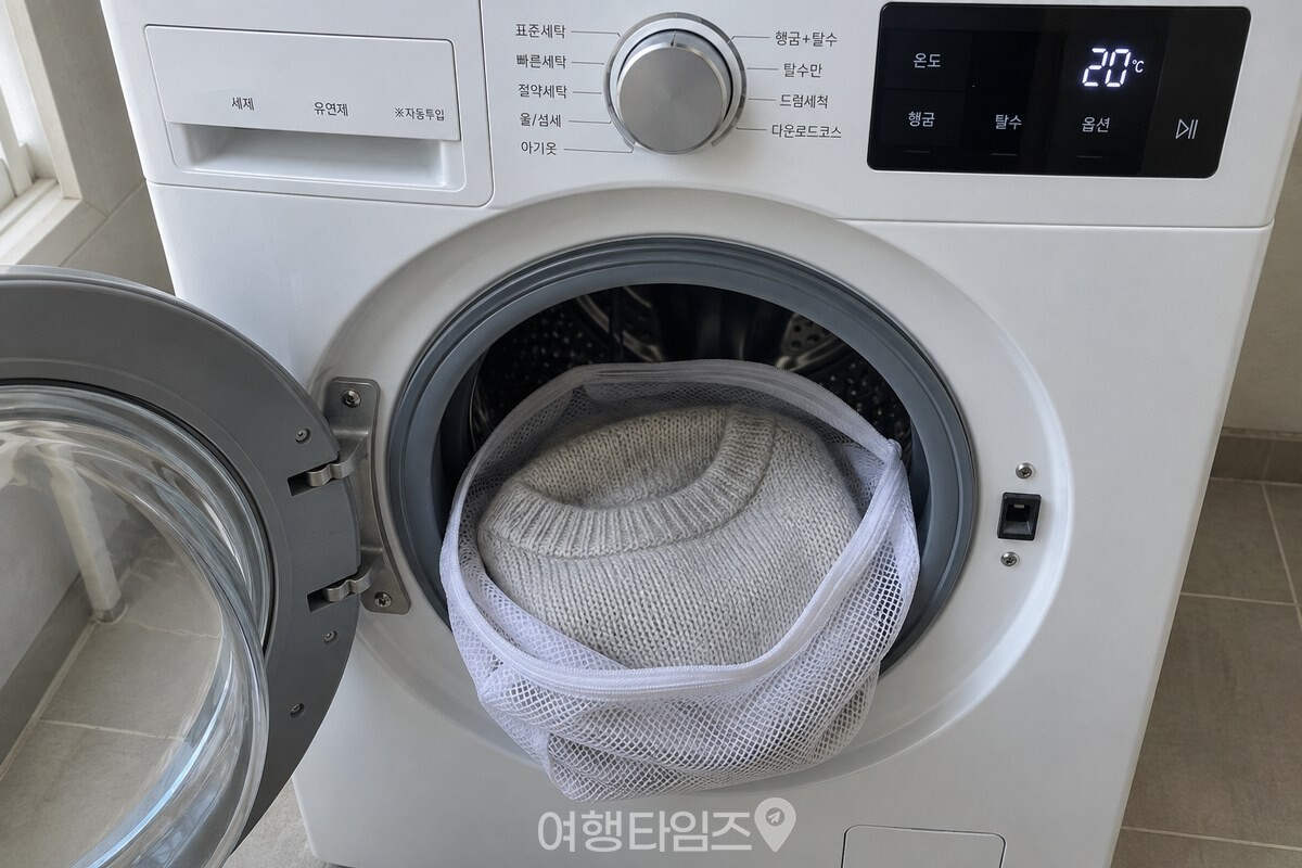 세탁망에 넣은 니트와 찬물 설정이 보이는 세탁기 앞면. / 기사 이해를 돕기 위한 생성형 이미지