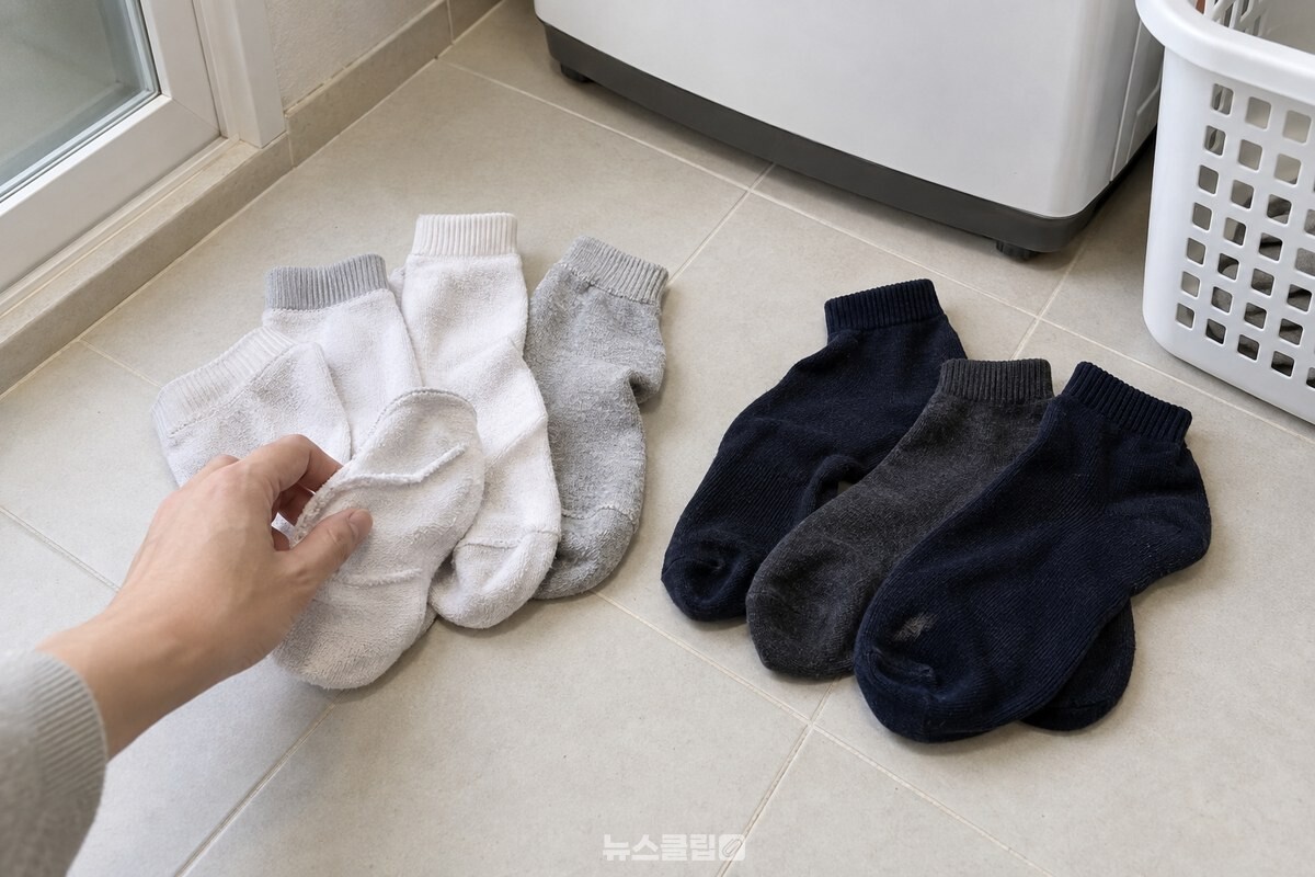 깨끗한 빨래통 앞에서 뒤집은 양말과 겉면 얼룩을 확인할 양말을 나누어 놓은 모습. / 기사 이해를 돕기 위한 생성형 이미지
