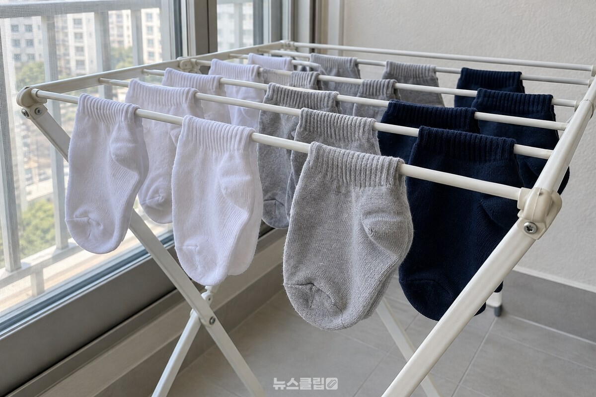 뒤집어 세탁한 양말을 베란다의 접이식 건조대에 안쪽 면이 보이게 넌 모습. / 기사 이해를 돕기 위한 생성형 이미지