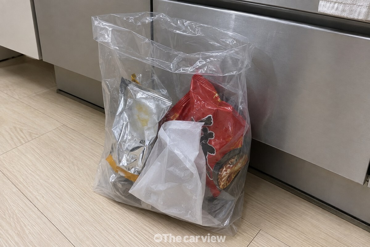싱크대 옆에 투명 봉투를 세워 두고 과자 봉지와 라면 봉지를 모아 둔 모습 / 기사 이해를 돕기 위한 생성형 이미지