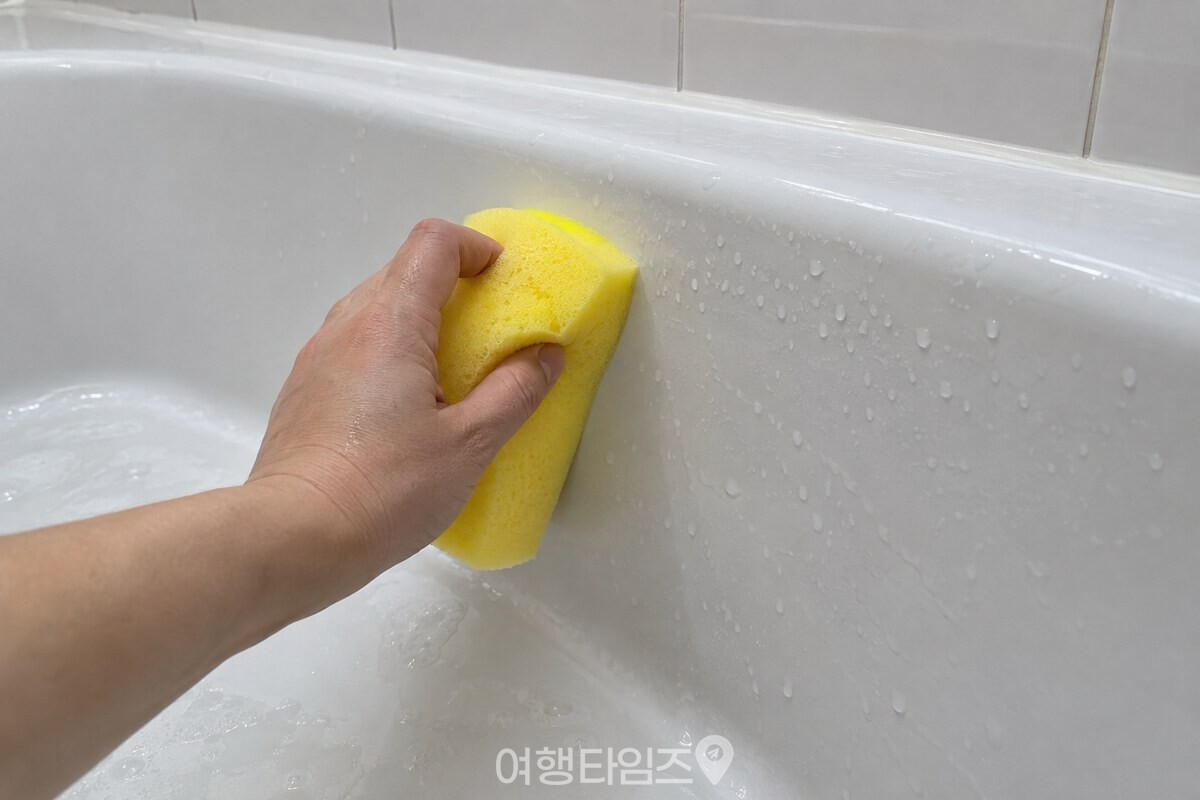 젖은 노란색 스펀지로 욕조 옆면을 부드럽게 닦는 모습. / 기사 이해를 돕기 위한 생성형 이미지