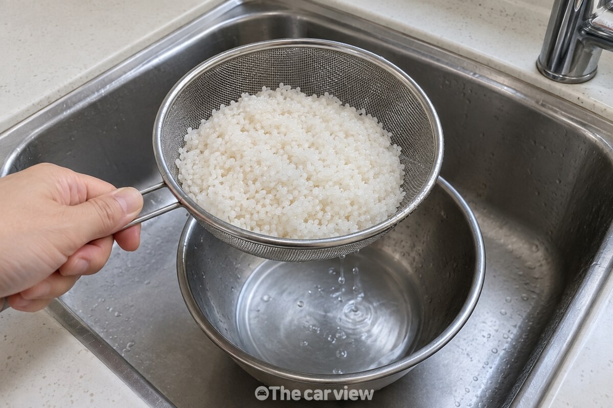 불린 쌀을 체에 밭쳐 물기를 빼고 냄비에 옮길 준비를 한 장면. / 기사 이해를 돕기 위한 생성형 이미지