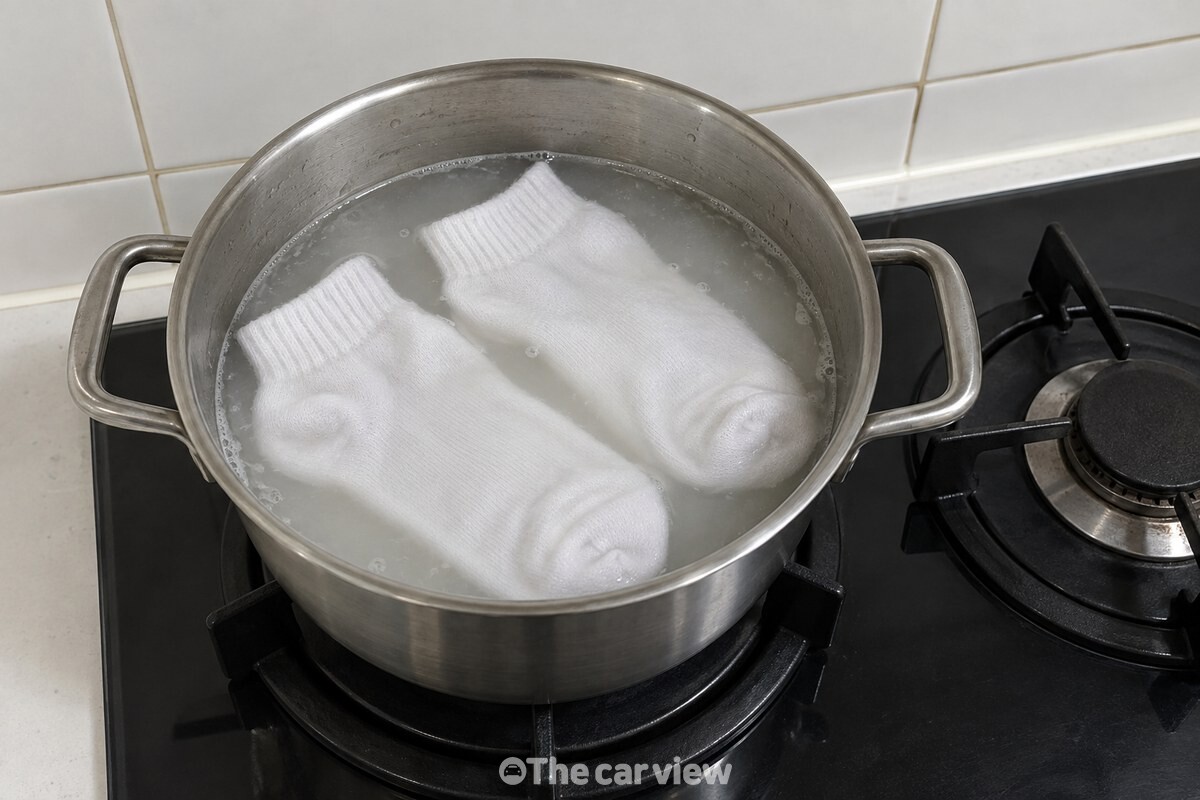 두 번째 쌀뜨물이 담긴 스테인리스 냄비에 흰 면 양말이 펼쳐져 있다. / 기사 이해를 돕기 위한 생성형 이미지