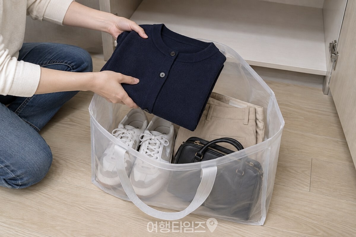 옷장 앞에서 마른 겉옷과 바지, 신발을 의류수거함용 봉지에 골라 담고 있다. / 기사 이해를 돕기 위한 생성형 이미지