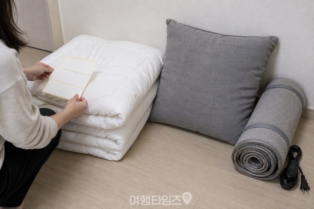 접어 놓은 솜이불과 큰 쿠션에 대형폐기물 배출용 스티커를 붙일 자리가 보인다. / 기사 이해를 돕기 위한 생성형 이미지