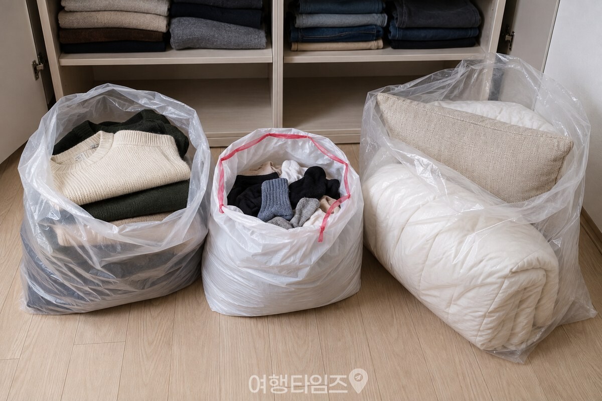 가을 옷장 앞 바닥에 수거함용 옷, 종량제봉투용 천제품, 대형폐기물 신고용 침구를 나눠 담은 세 봉지가 놓여 있다. / 기사 이해를 돕기 위한 생성형 이미지