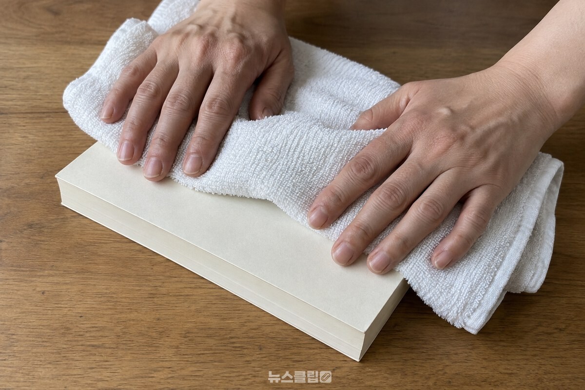 마른 흰 수건으로 책 표지와 옆면을 위에서 가볍게 누르는 손. / 기사 이해를 돕기 위한 생성형 이미지