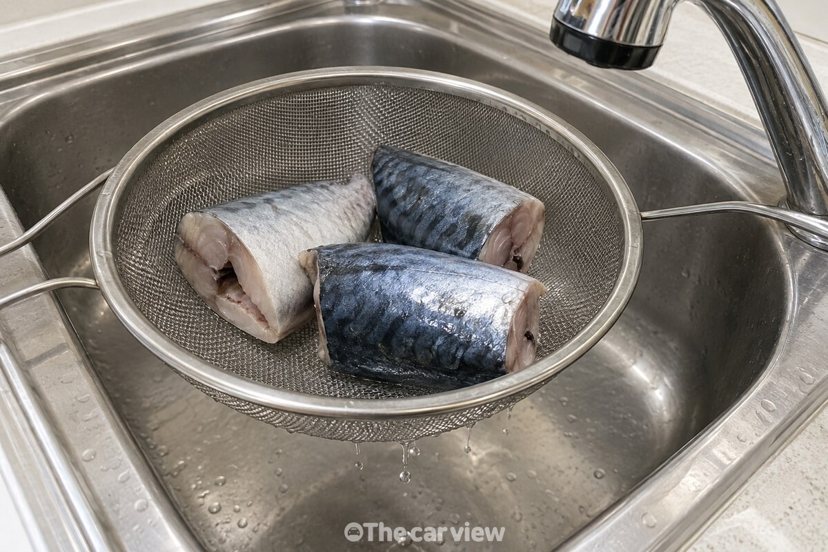 된장물에서 건진 고등어 토막을 체에 올려 물기를 빼는 모습. / 기사 이해를 돕기 위한 생성형 이미지