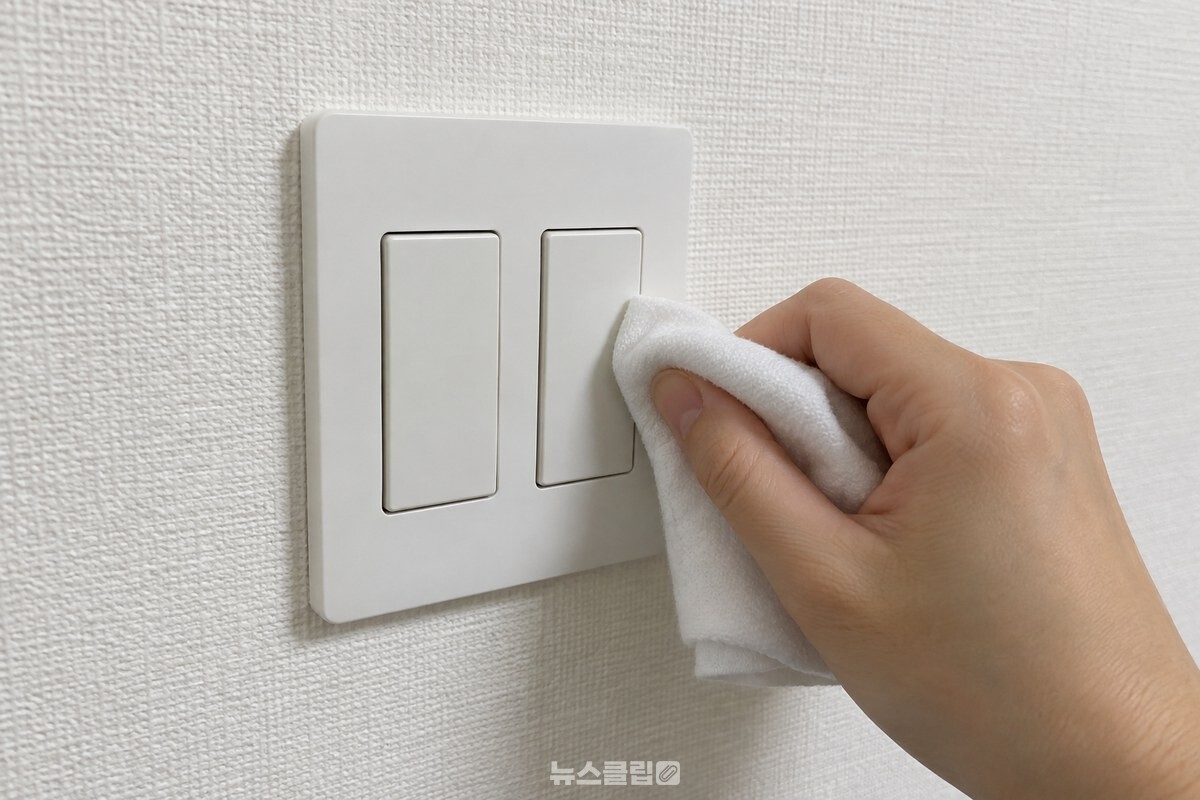 마른 면 천으로 전등 스위치판 버튼 둘레를 가볍게 닦는 모습. / 기사 이해를 돕기 위한 생성형 이미지