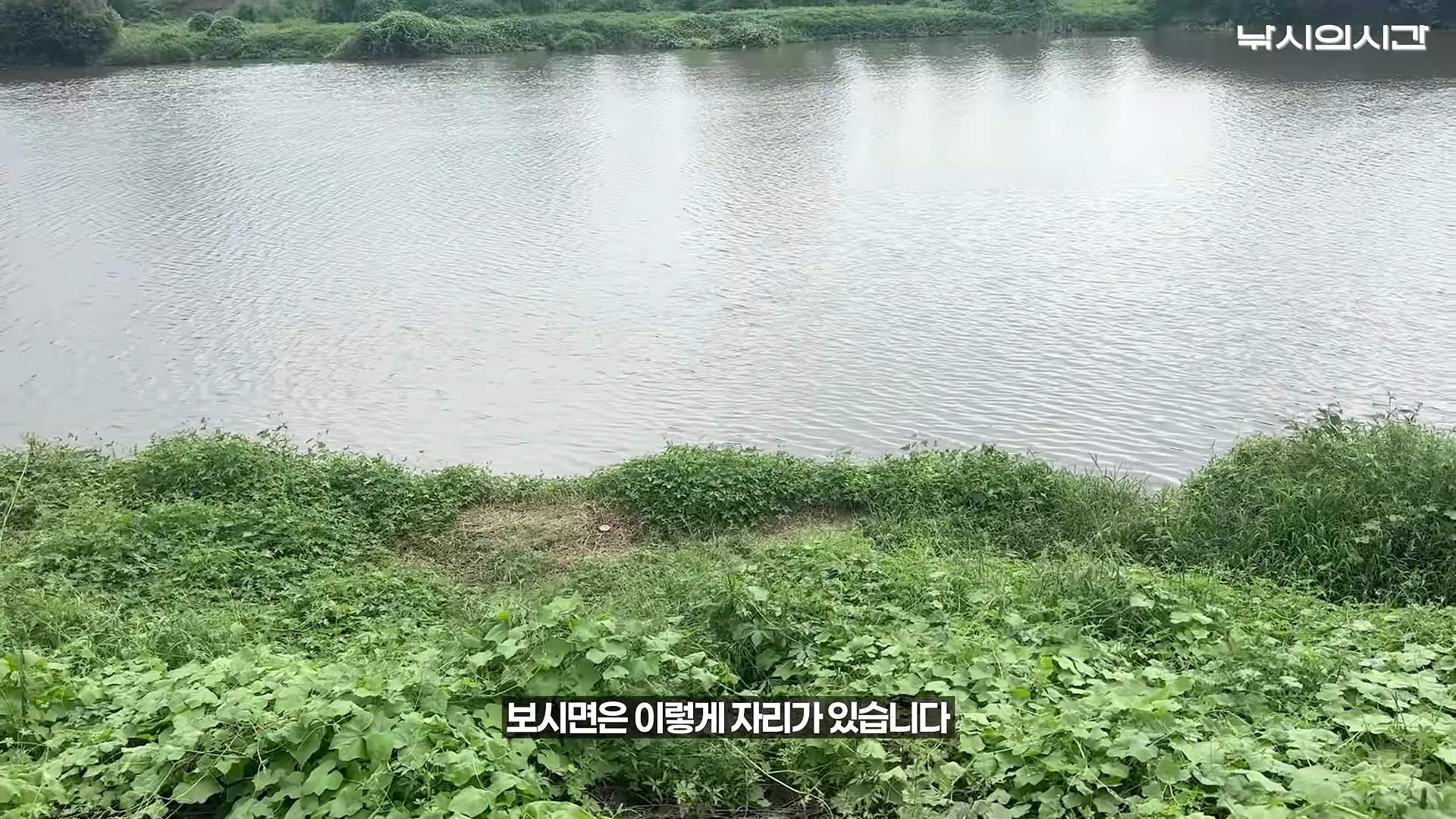 잔잔한 물가와 낚시할 수 있는 흙바닥 자리가 마련된 강변 풍경을 담은 영상 캡처 화면입니다.