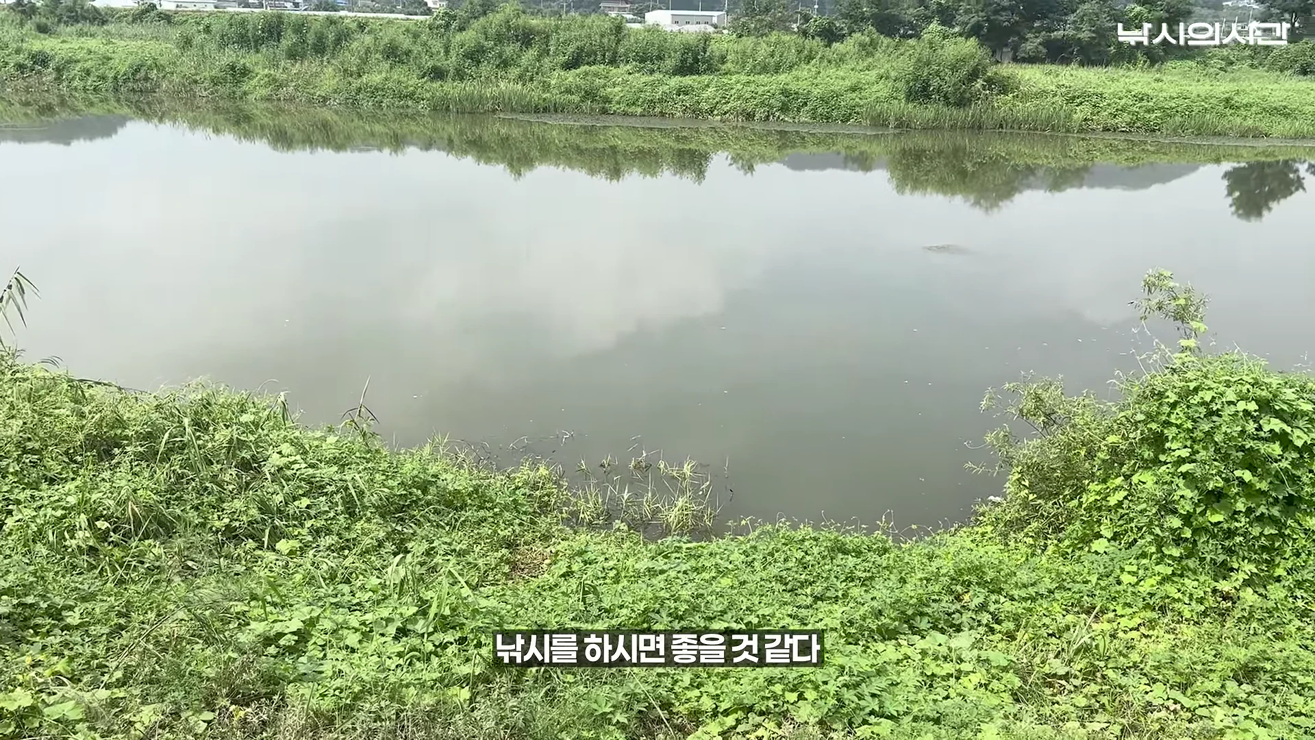 잔잔한 물이 흐르는 하천변 풍경으로, 주변에는 초록색 수풀이 무성하며 화면 중앙 하단에 '낚시를 하시면 좋을 것 같다'는 자막이 적혀 있다.